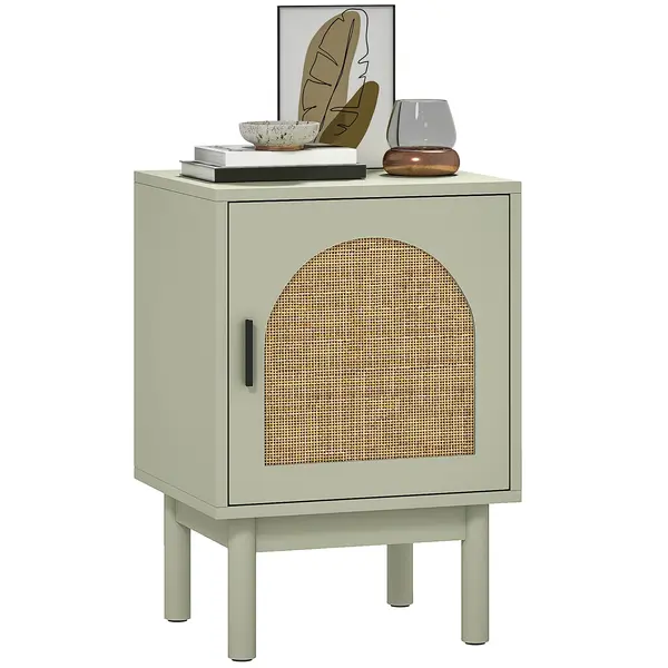 HOMCOM Noptieră cu Ușă din Ratan Raft Ajustabil și Piciorușe de Lemn Stil Bohem 40x35x58 cm Verde Deschis | Aosom Romania