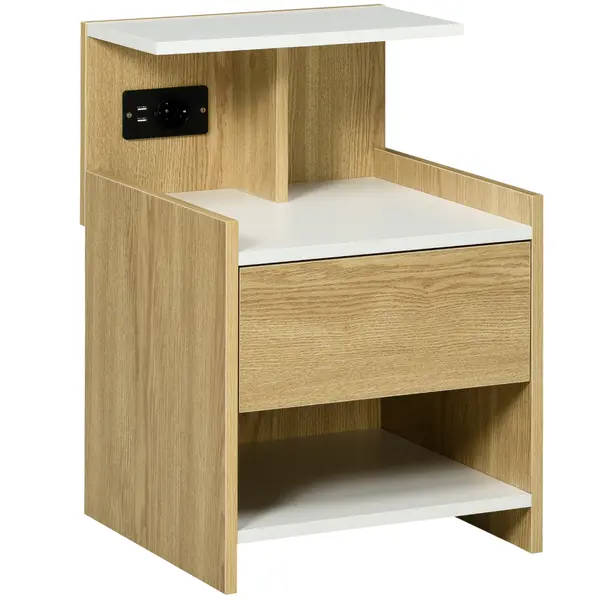 HOMCOM Noptieră Modernă cu Prize USB și Sertar, 40x40x60cm, Lemn Natural | Aosom Romania