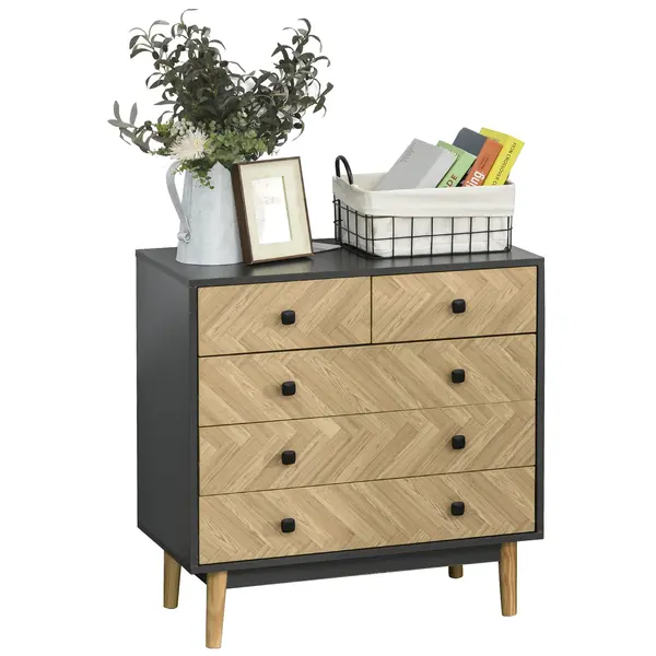 HOMCOM Noptieră Modernă din Lemn cu 5 Sertare și Picioare Ridicate din Pin, Design Elegant, Gri Închis, 80x40x80cm | Aosom Romania