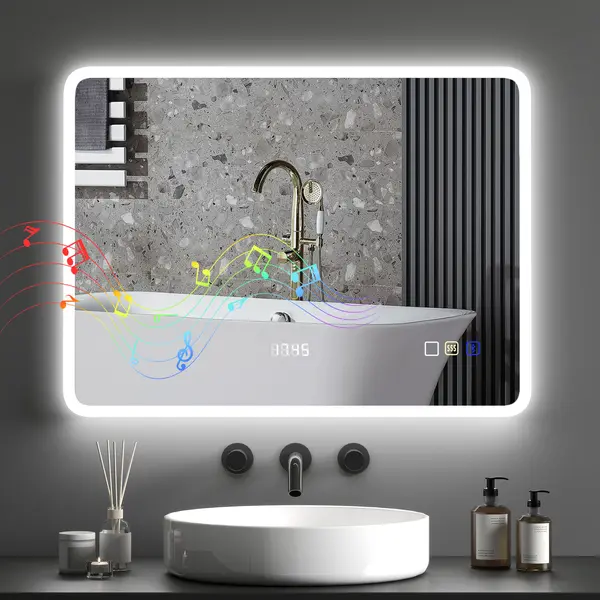 HOMCOM Oglindă de Baie cu Lumină LED 80x60 cm cu Bluetooth 3 Culori de Lumină Funcție Antiabur Funcție de Memorie IP44 | Aosom Romania