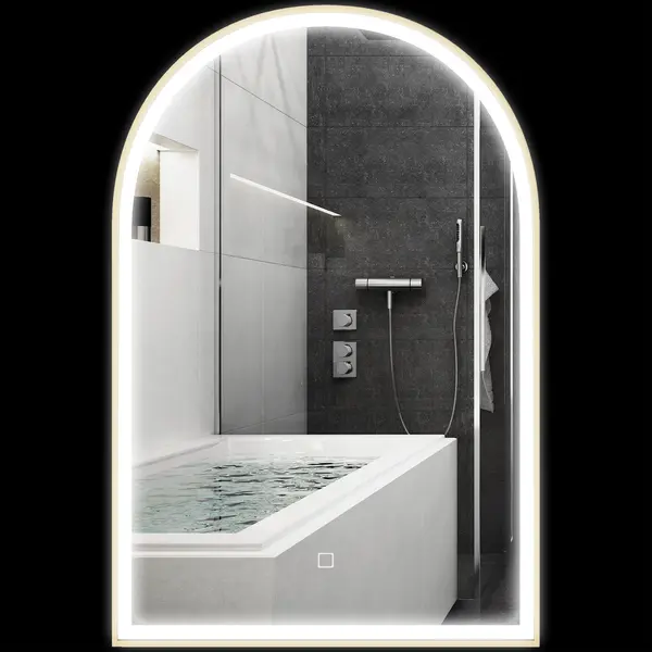 HOMCOM Oglindă de baie LED 90 x 60cm, murală, 3 culori, arcuită cadru din aluminiu, dezmagicire și buton tactil | Aosom Romania