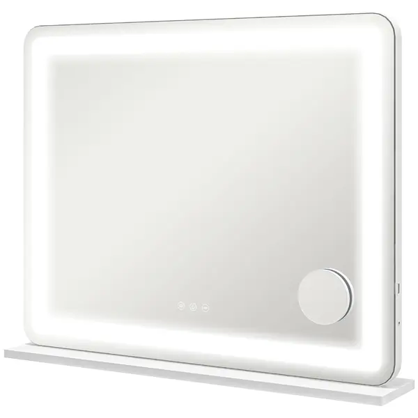 HOMCOM Oglindă de Machiaj cu Lumini LED în 3 Culori, Oglindă de Perete și Masă cu USB, 80x62x14 cm, Alb | Aosom Romania