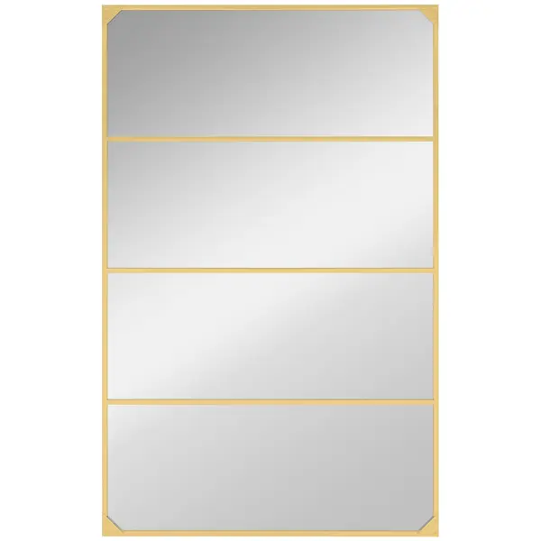 HOMCOM Oglindă de perete tip verrière, dreptunghiulară, stil industrial, montaj orizontal sau vertical cu 4 cârlige, din metal auriu 109 x 69 cm | Aosom Romania