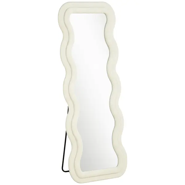 HOMCOM Oglindă de Podea Autoportantă cu Ramă Ondulată din Catifea, 160x60 cm, Sticlă Securizată, Crem | Aosom Romania