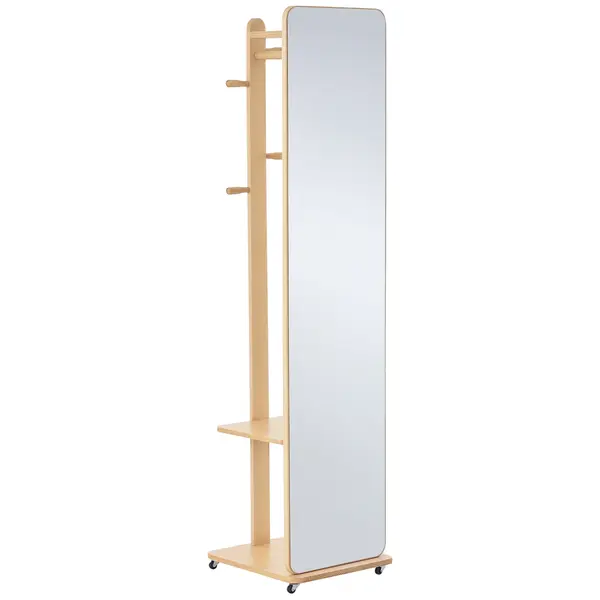 HOMCOM Oglindă de podea cu roți - Suport, 4 cârlige, raft MDF aspect lemn deschis | Aosom Romania