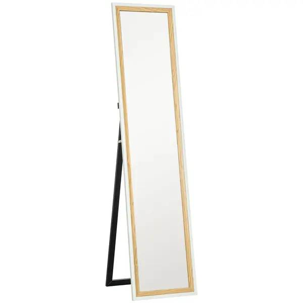 HOMCOM Oglindă de podea lungime întreagă oglindă pe suport cu ramă cu efect lemn, montare pe sol, suspendată, sprijinită, 157 x 37 cm alb | Aosom Romania