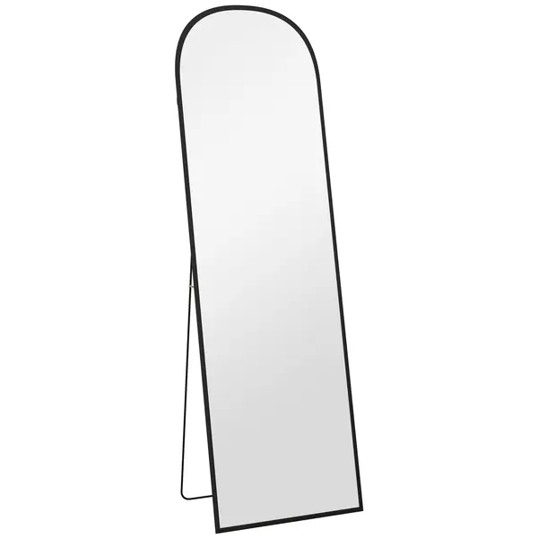 HOMCOM Oglindă de Podea și Perete, Oglindă Modernă cu Structură din Aliaj de Aluminiu și Suport Pliabil, 50x161.5 cm, Negru | Aosom Romania