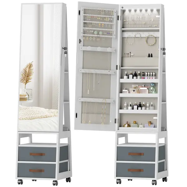 HOMCOM Oglindă Dulap pentru Bijuterii cu LED Interior Roți Pivotant 360° Rafturi Deschise Sertare din Material Textil Alb | Aosom Romania
