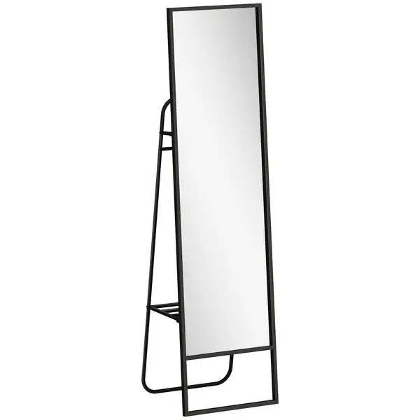 HOMCOM Oglindă pe Picior 148,5 x 40 cm dreptunghiulară cu raft din spate, 2 cârlige și cadru metalic, neagră | Aosom Romania