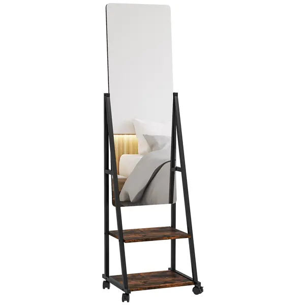 HOMCOM Oglindă pe picior rectangulară oglindă de sol cu unghi reglabil 2 rafturi 4 roți negru și maro rustic | Aosom Romania