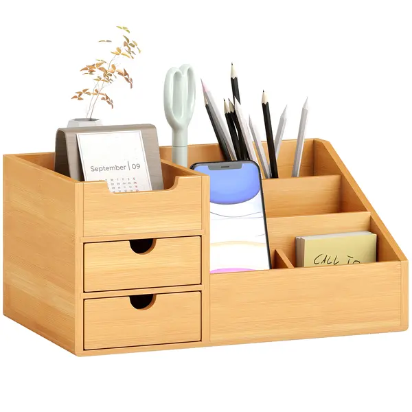 HOMCOM Organizator Birou cu 2 Sertare și 7 Compartimente din Bambus 33x20.5x15.5 cm | Aosom Romania