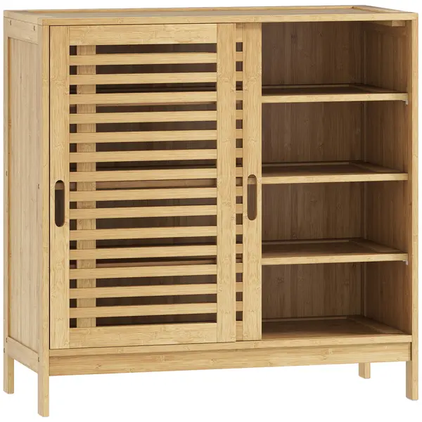 HOMCOM Pantofar cu 2 uși glisante cu lamele, rafturi reglabile pentru 16 perechi de pantofi, 80x35x80 cm, natural | Aosom Romania