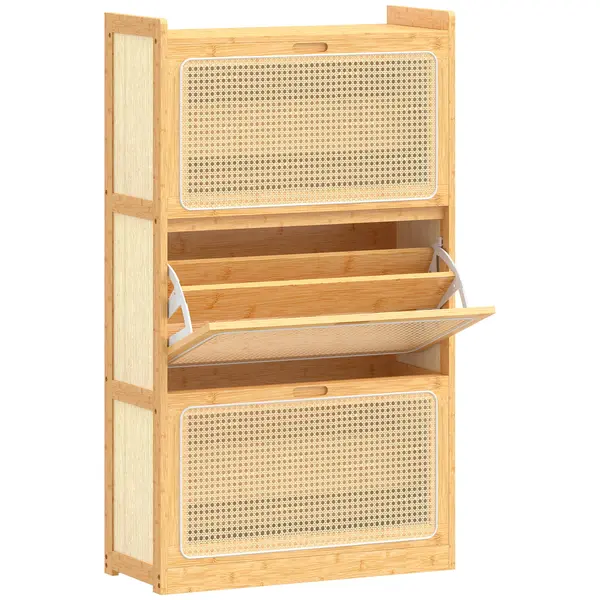 HOMCOM Pantofar Îngust din Bambus cu 3 Sertare Rabatabile din Ratan pentru 18-21 Perechi de Încălțăminte 69x29x119,8 cm Natural | Aosom Romania