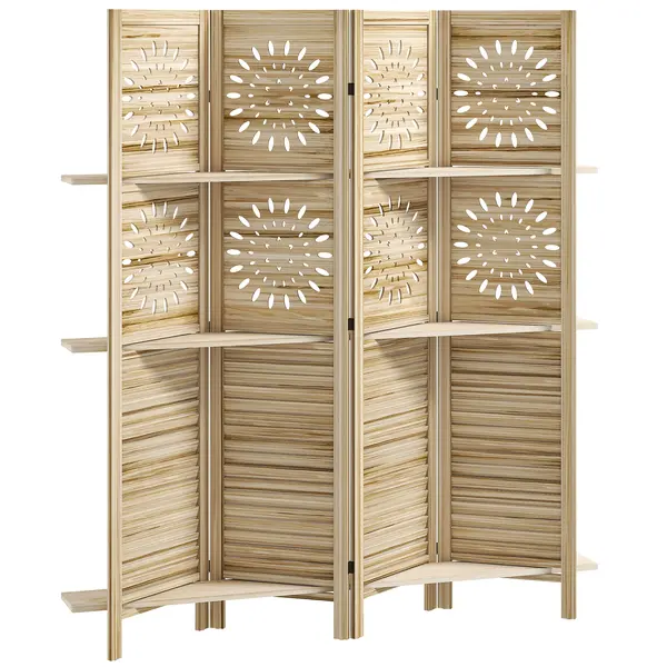 HOMCOM Paravan interior 4 panouri și 3 rafturi, 160 x 170 cm, separator de cameră pliabil, lemn de paulownia, lemn natural | Aosom Romania