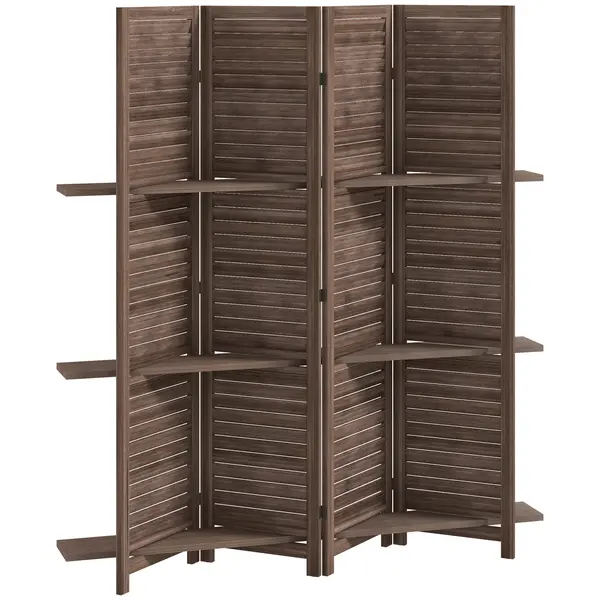 HOMCOM Paravan interior din lemn 4 panouri 160 x 170 cm, separator de cameră pliabil cu 3 rafturi, nuc | Aosom Romania