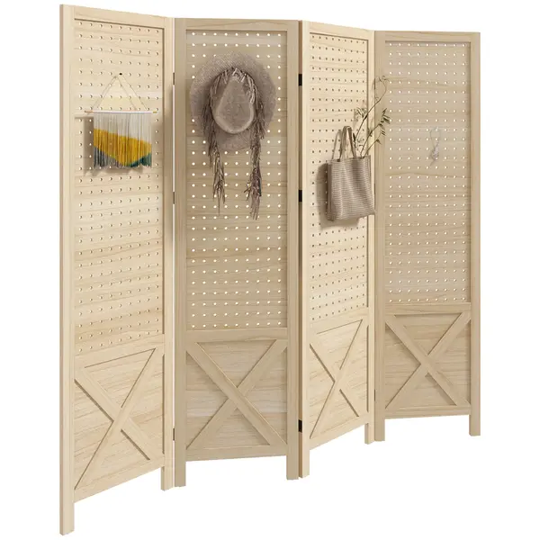 HOMCOM, Paravan interior din lemn, 4 panouri, separator de cameră pliabil, panou perforat, 152 x 1,7 x 144,5 cm, lemn natural | Aosom Romania