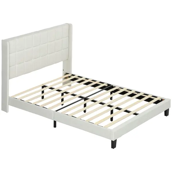 HOMCOM Pat 135x190 cm tapițat cu depozitare inferioară și tăblie căptușită cu urechi, bej | Aosom Romania