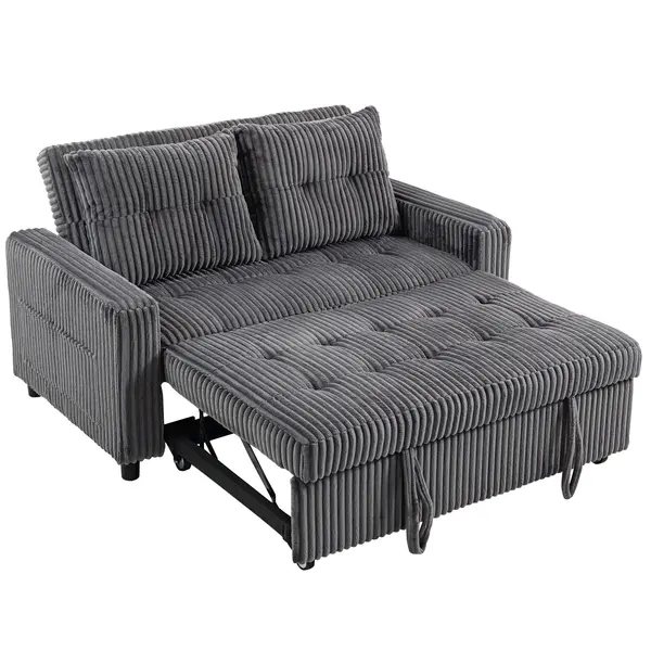 HOMCOM Pat-canapea 2 locuri, husă din cord, transformabil în canapea de dormit, 2 perne, buzunare laterale, 157 x 190 cm, gri închis | Aosom Romania