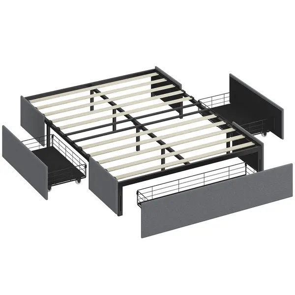 HOMCOM Pat cu spațiu de depozitare 140 x 190 cm, cadru de pat dublu tapițat cu 3 sertare, somier cu lamele LVL, fără zgomot, gri | Aosom Romania