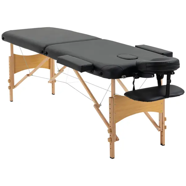 HOMCOM Pat de Masaj Pliabil și Portabil cu Înălțime Ajustabilă și Husă de Transport, Structură din Lemn, 185x60x61-88 cm, Negru