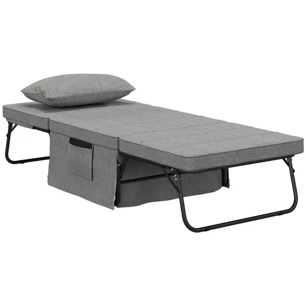 HOMCOM Pat Pliabil Multifuncțional 4 în 1, Șezlong cu Economie de Spațiu, cu Spătar Rabatabil pe 5 Niveluri, 188x75x38 cm, Gri | Aosom Romania