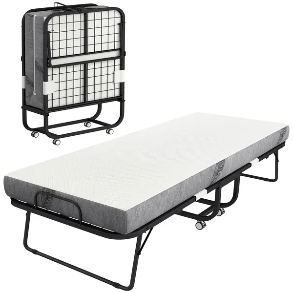 HOMCOM Pat pliant 1 persoană 200 x 80 cm cu saltea, pat de rezervă pliant și portabil pe roți, cadru din oțel, alb | Aosom Romania
