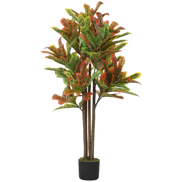 HOMCOM Plantă Artificială Croton cu 139 Frunze Modelabile și Ghiveci Alb din PP și Ciment, Plantă Falsă din PEVA și Lemn, 55x55x120 cm, Multicolor | Aosom Romania