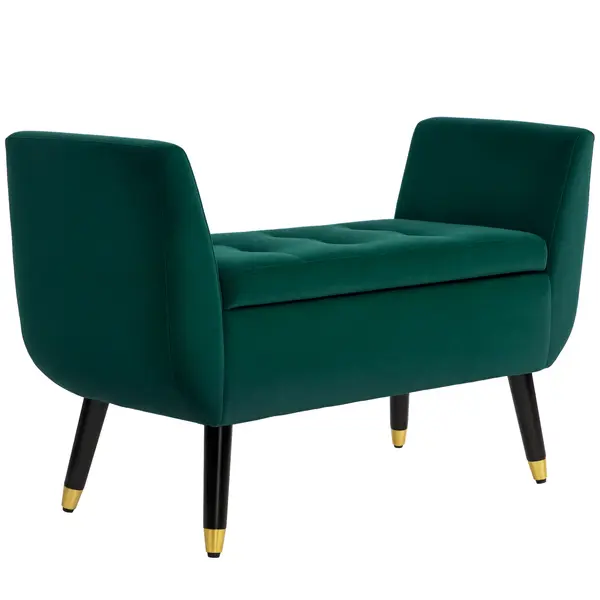 HOMCOM Polsterbank mit Stauraum, Armlehnen, Material textil din poliester de tip catifelat, Lemn de cauciuc, 107 x 42 x 65 cm, Verde | Aosom Romania