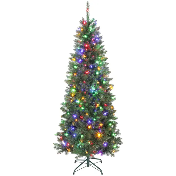 HOMCOM Pom de Crăciun Artificial de 180 cm cu Lumini Incorporate Albe și Colorate în 9 Moduri și 899 Crengi Ignifuge, Brad de Crăciun Dens și Realistic cu Bază Metalică Pliabilă pentru Acasă | Aosom Romania