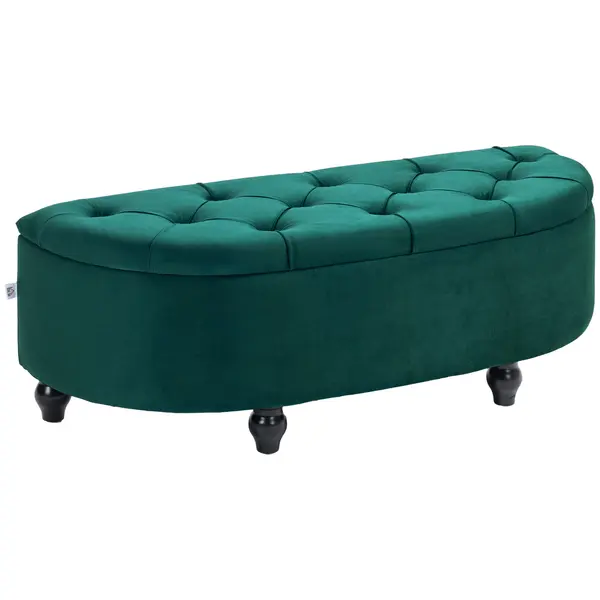 HOMCOM Pouf de Depozitare cu Capac 2 în 1 - Pouf Tapitat în Formă de Semicerc - Picioare Lemn hevea Negru acoperire Catifea verde | Aosom Romania