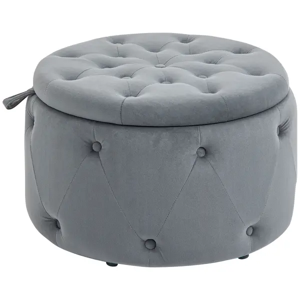 HOMCOM Puf, rotund, cu spațiu de depozitare, model matlasat cu butoane, catifea, gri, 60 x 60 x 40 cm | Aosom Romania