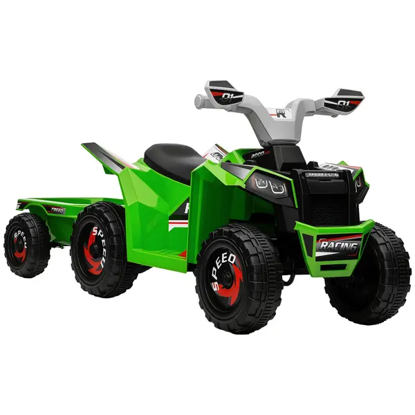 HOMCOM Quad pentru Copii, reincarcabil, 2,5 km/h, cu Remorcă, 50 min. Durată de Conducere, pentru Copii între 1,5 și 3 Ani, Verde | Aosom Romania