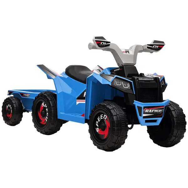 HOMCOM Quad pentru copii, reîncărcabil, 2,5 km/h, cu remorcă, 50 min. autonomie, pentru copii de la 1,5 la 3 ani, Albastru | Aosom Romania