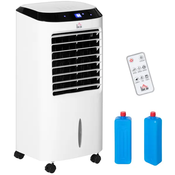 HOMCOM Răcitor de Aer Portabil 4-în-1 de 10L cu Umidificator, Sistem de Răcire, Timer 8 Ore, Telecomandă, pentru Încăperi de până la 20㎡, 60W, ABS, Alb și Negru, 38,2 x 31,6 x 76 cm | Aosom Romania