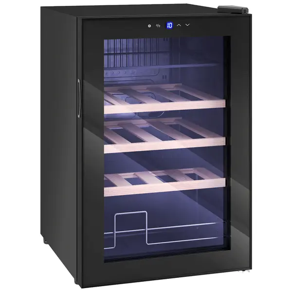 HOMCOM Răcitor pentru Vinuri de 53L cu Rafturi Ajustabile pentru 12 Sticle și 25 Doze, Răcitor Vinuri din Oțel, Lemn și Sticlă Temperată, 43x45x64 cm, Negru | Aosom Romania