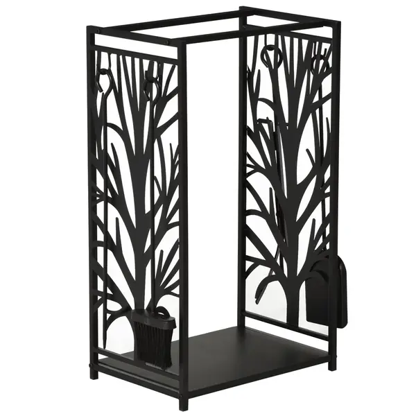 HOMCOM Rack din lemn de ars Suport lemne 4 scule din otel Max. 100kg negru
