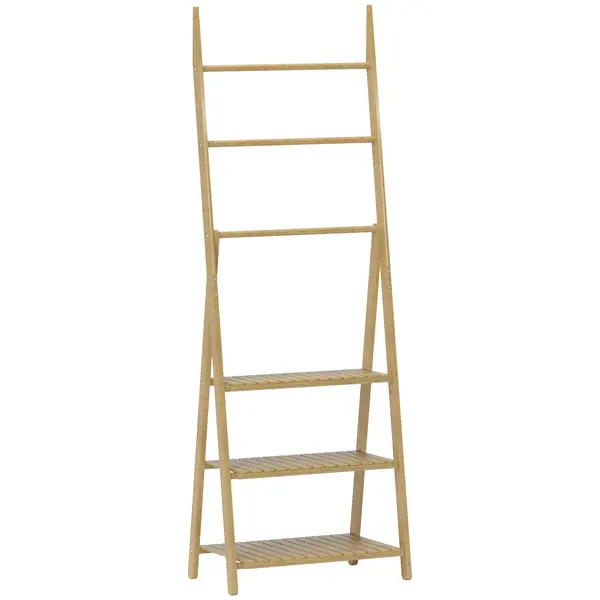HOMCOM Raft Baie Pliabil pentru Prosoape cu 3 Rafturi și 3 Bare, 53,5x30x153 cm, Lemn Natural | Aosom Romania