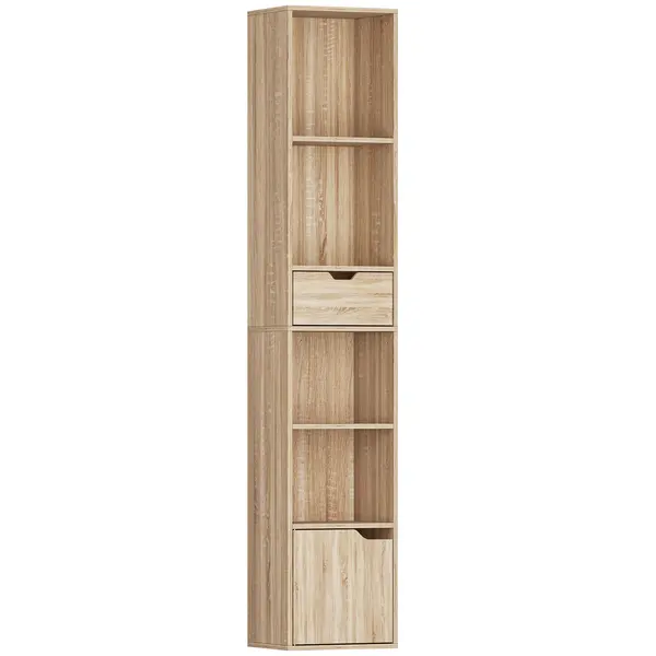 HOMCOM Raft Bibliotecă cu 4 Nivele Deschise, cu Dulap și Sertar, 30x24x158 cm, Lemn Natural | Aosom Romania
