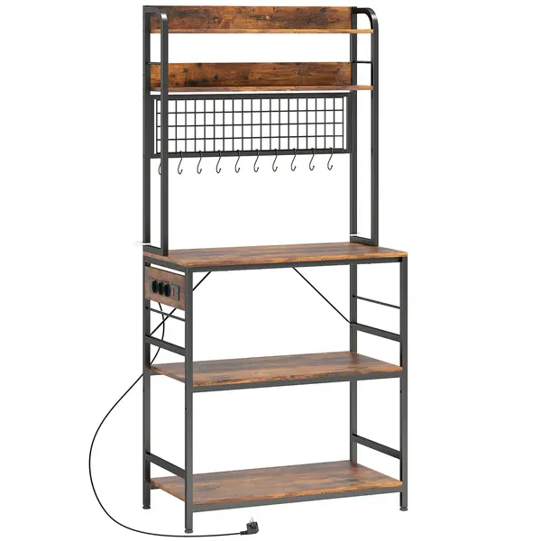 HOMCOM Raft de Bucătărie cu Prize și Rafturi Reglabile, Raft pentru Cuptor cu Microunde cu 5 Niveluri, Panou cu Grilaj și 10 Cârlige, Mobilier Vintage Structură din Oțel, 80x40x170 cm, Maro Rustic | Aosom Romania