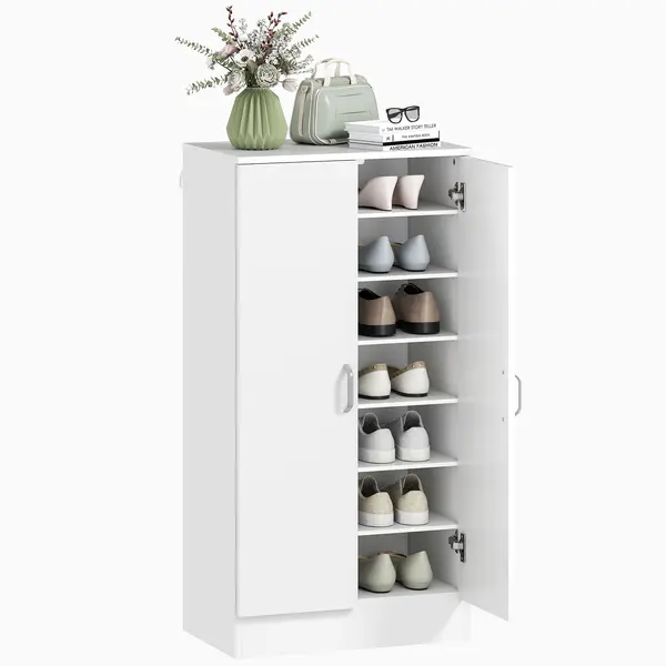 HOMCOM Raft de pantofi cu balamale Soft-Close, rafturi reglabile, dulap de 6 nivele pentru hol, intrare, pentru 14 perechi, 55 x 35 x 108 cm, placaj, Alb | Aosom Romania