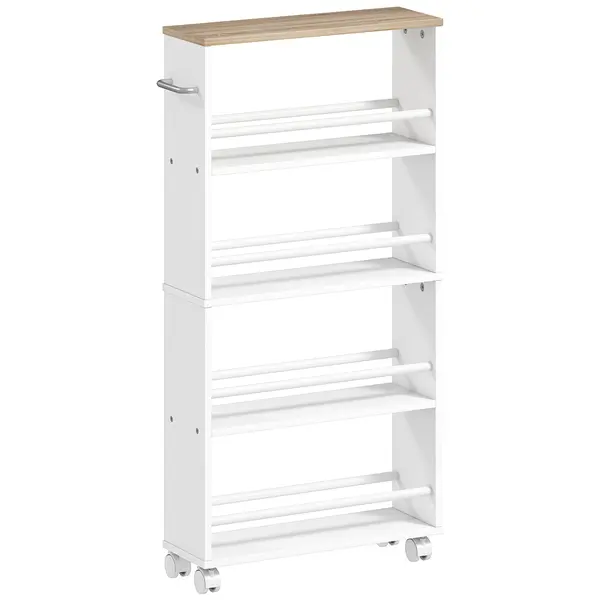 HOMCOM Raft multifuncțional cu roți, construcție îngustă, 4 compartimente, 45x15x91 cm, Lemn natural | Aosom Romania