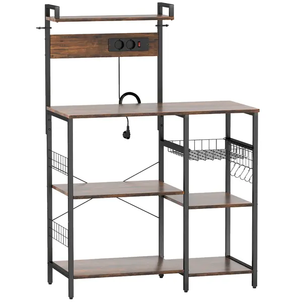HOMCOM Raft pentru bucătărie, raft independent cu 2 prize, 5 cârlige S, 5 polițe, coș, bare în X, oțel 90 x 42 x 130 cm | Aosom Romania