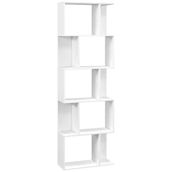 HOMCOM Raft pentru Cărți cu 5 Rafturi Separate, Bibliotecă în Formă de S din Lemn, 60x24x184,5 cm, Alb | Aosom Romania