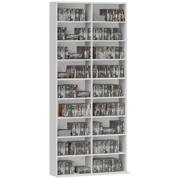 HOMCOM Raft pentru DVD-uri, Raft de depozitare CD, 14 rafturi reglabile, 18 compartimente, 175 cm, Raft Blu-ray, Placă de lemn, Alb | Aosom Romania
