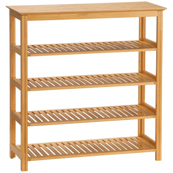 HOMCOM Raft pentru pantofi pe 5 niveluri, suport pentru pantofi din bambus cu 4 polițe cu lamele, 80x29x82cm, efect lemn natural | Aosom Romania