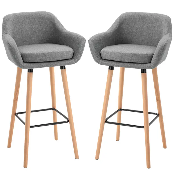 HOMCOM Scaun bar gri cu Pernă Confortabilă Lemn și Înveliș din Țesătură, Set 2 Scaune de Bar Moderne,55x48x100 cm | Aosom Romania