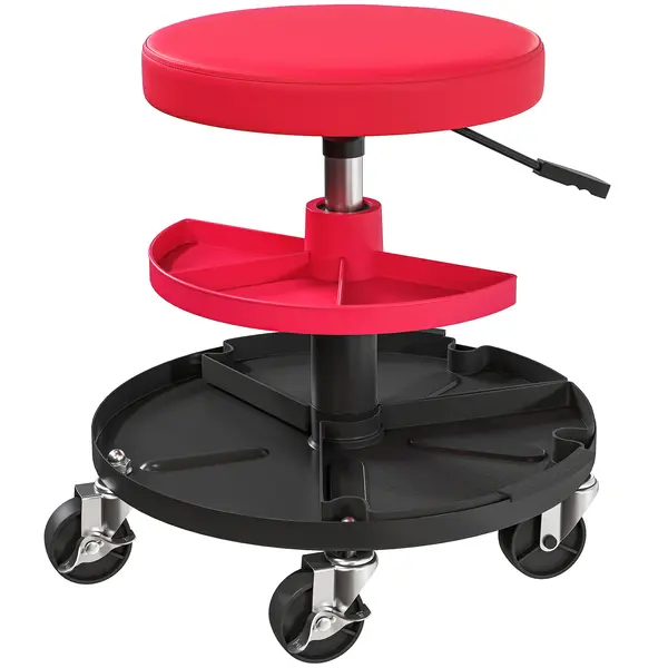 HOMCOM Scaun de Atelier cu Roți de 6 cm, Capacitate până la 135 kg, Înălțime Reglabilă 40-51 cm, cu Tăvi pentru Scule, Roșu | Aosom Romania