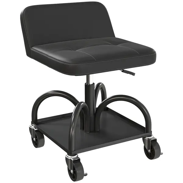 HOMCOM Scaun de atelier cu roți spațiu depozitare, 58,5 cm înălțime, scaun rulant până la 135 kg Negru | Aosom Romania