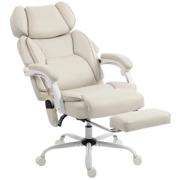HOMCOM Scaun de birou cu spătar înalt cu masaj prin vibrații și încălzire, ergonomic, rabatabil, cu suport pentru picioare, alb crem | Aosom Romania