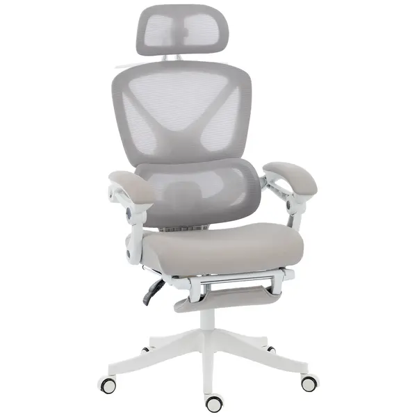 HOMCOM Scaun de birou ergonomic cu tetieră reglabilă, fotoliu de birou rabatabil din plasă, spătar separat, gri | Aosom Romania